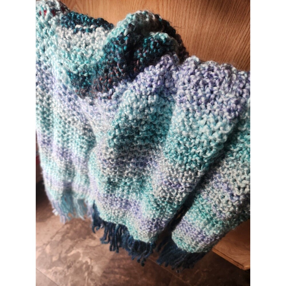 Soft Wide Handmade Scarf Crochet ~18x64 In. Multicolor Blue Stripes W/ Fringe - Picture 6 of 16